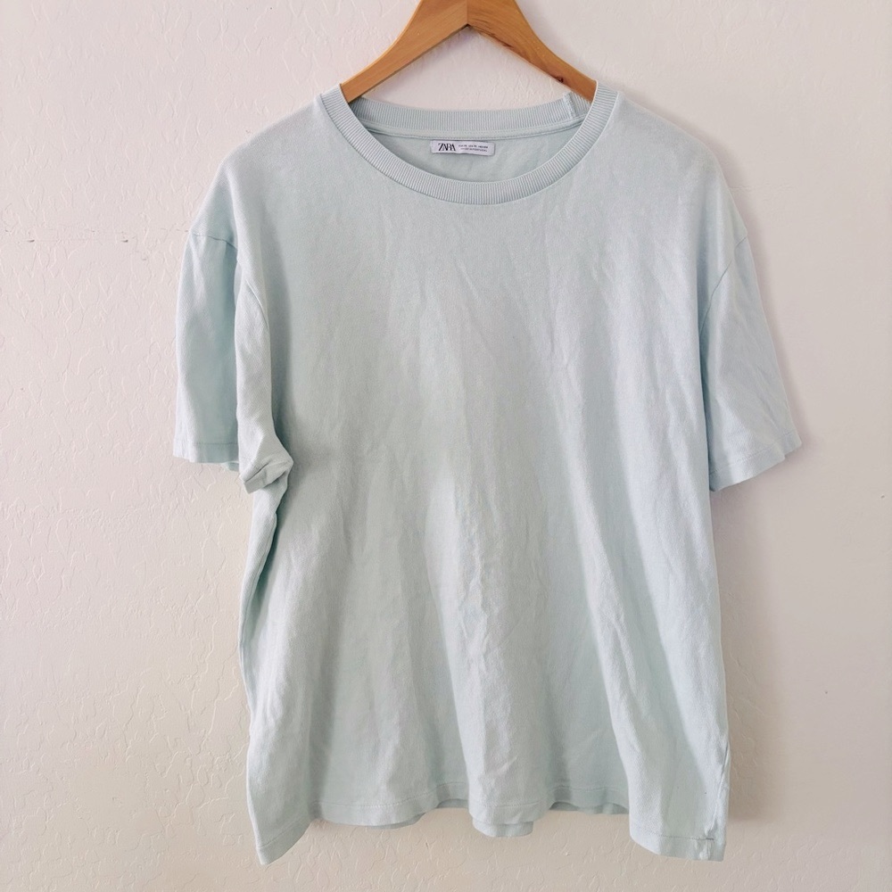 Zara Light Blue Mint Green‎ Men's Shirt XL Short Sleeve Soft